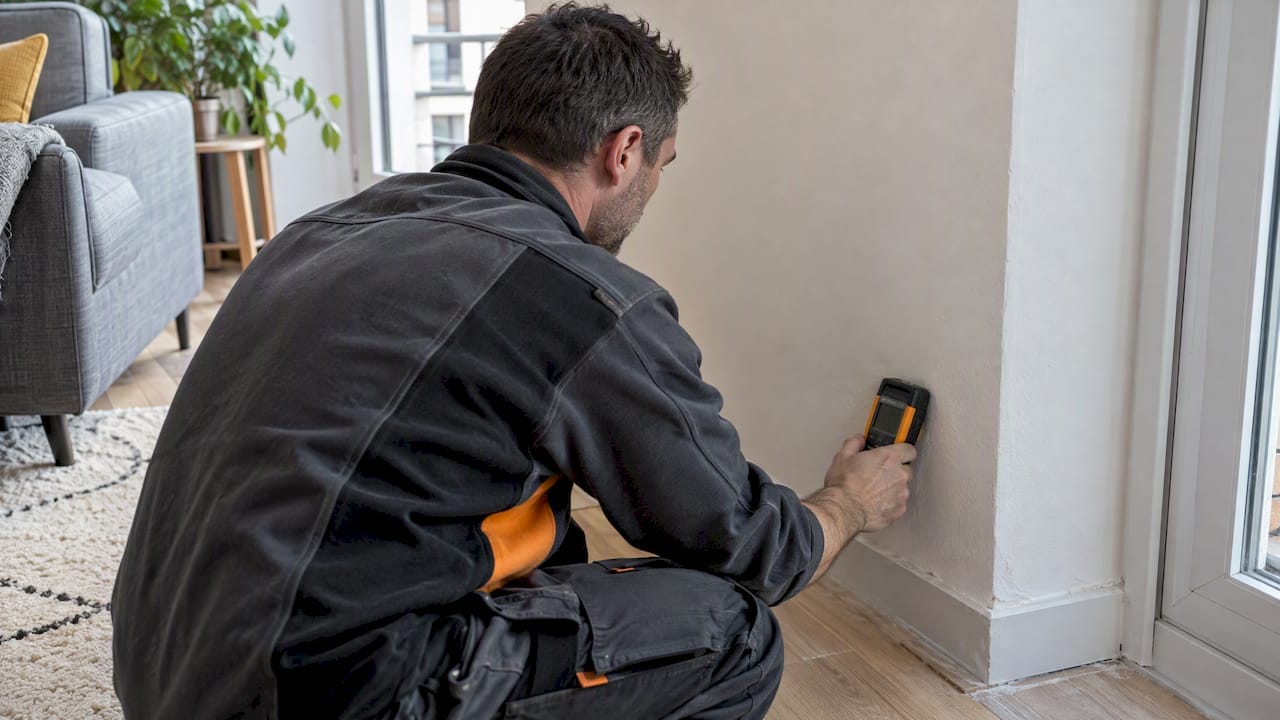 Technicien mesurant l'humidité d'un mur restauré