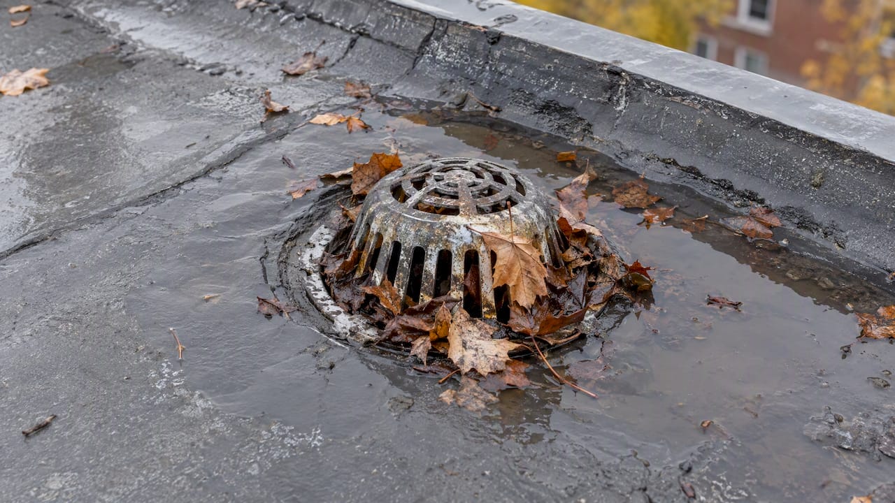 Feuilles bouchant un drain sur un toit plat